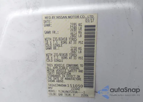 2017 Nissan Murano Sl from USA, damaged, VIN 5N1AZ2MH0HN151050